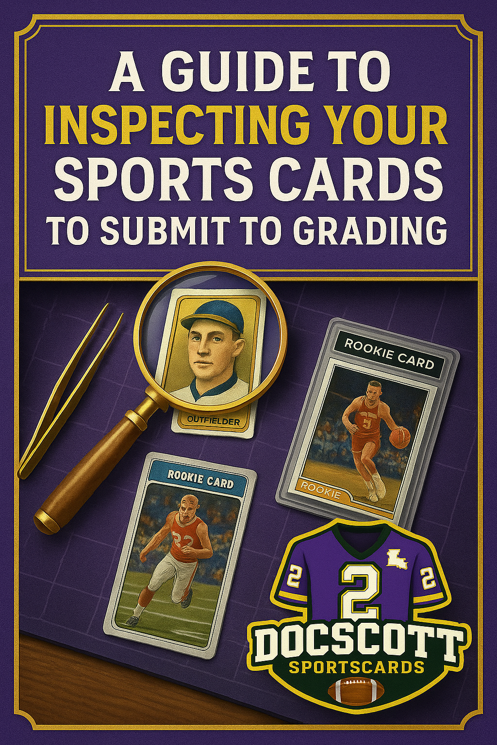 Book cover of 'A Guide to Inspecting Your Sports Cards to Submit to Grading' by Doc Scott Sportcards with sports cards and magnifying glass on a purple background.