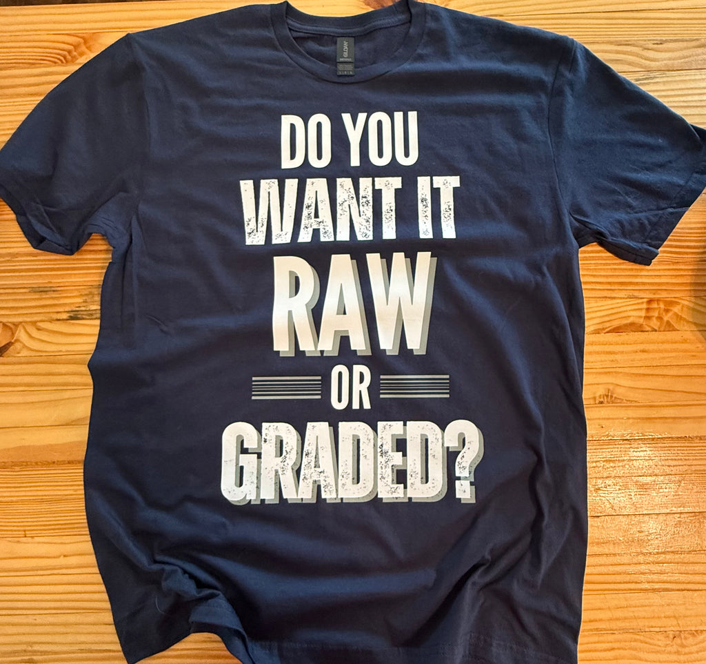 Gildan "Raw or Graded" Sport's Card Collectors Edition T-Shirt Softstyle 100% Cotton Navy Tee for Collectors Comfortable & Durable Gift for Sports Card Enthusiasts Menswear Stylish Streetwear Top