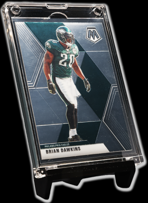 Collectible sports trading card of a football player in a clear holder