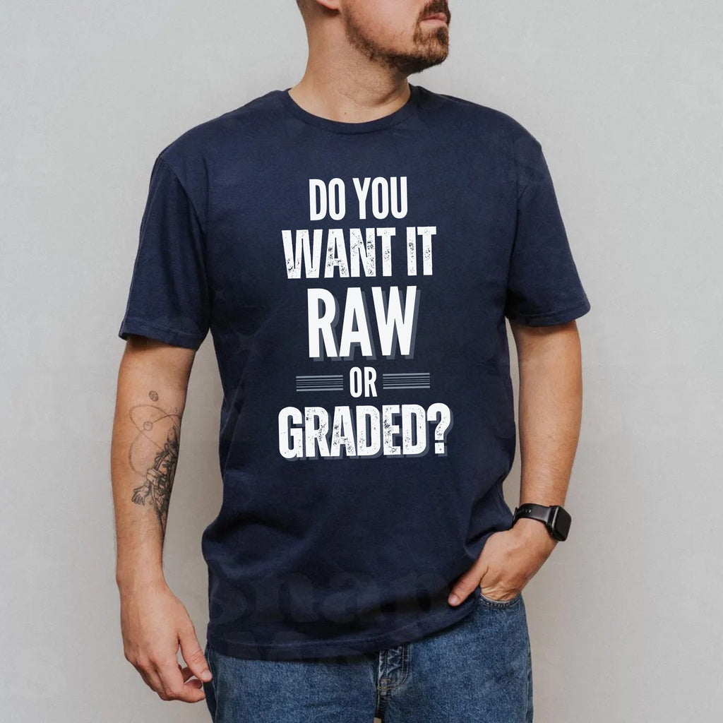 Gildan "Raw or Graded" Sport's Card Collectors Edition T-Shirt Softstyle 100% Cotton Navy Tee for Collectors Comfortable & Durable Gift for Sports Card Enthusiasts Menswear Stylish Streetwear Top